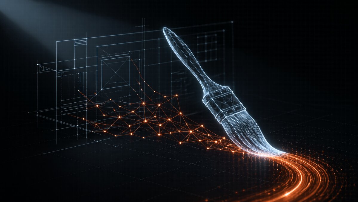 Pincel de luz traçando um plano wireframe, metáfora do modo reasoning que planeja antes de gerar
