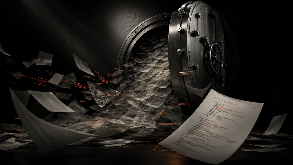 Cofre entreaberto com documentos escapando em cascata, metáfora do vazamento por misconfig