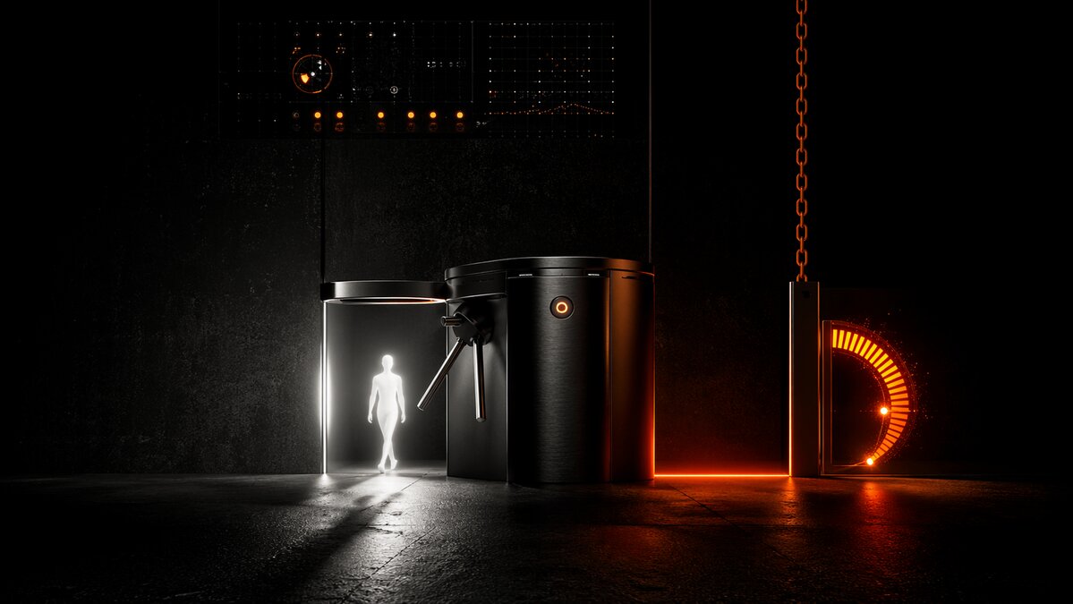 Turnstile com medidor laranja e figura atravessando, metáfora do harness virando imposto