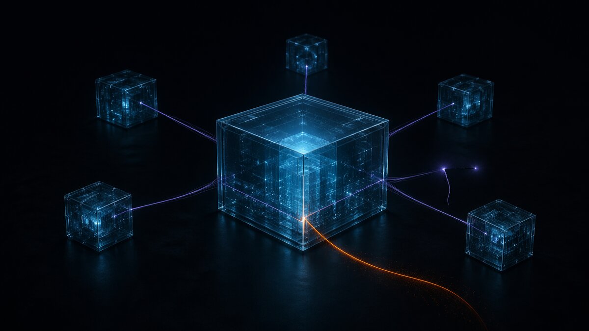 Cubo de vidro translúcido com linha laranja escapando por uma fenda, metáfora do perímetro que vazou