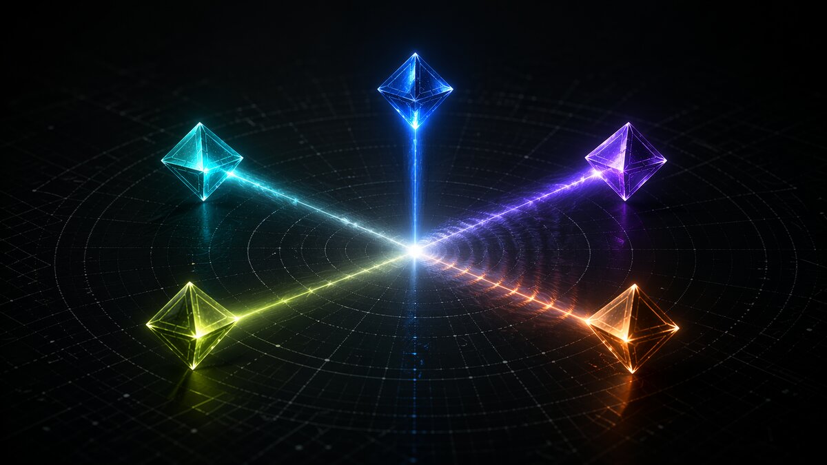 Cinco octaedros coloridos convergindo feixes para um ponto central, metáfora dos agentes paralelos em coordenação parcial