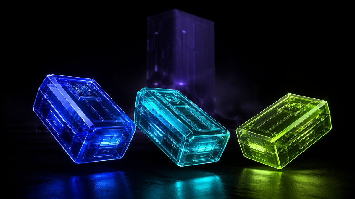 Três ferramentas translúcidas em primeiro plano e monolito apagado ao fundo, metáfora da commoditização do modelo